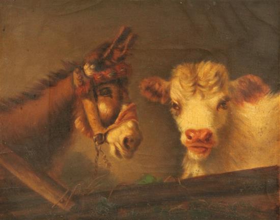Attributed to William Weekes (1856-1904) Donkey and calf in a stable 9 x 11.25in., unframed